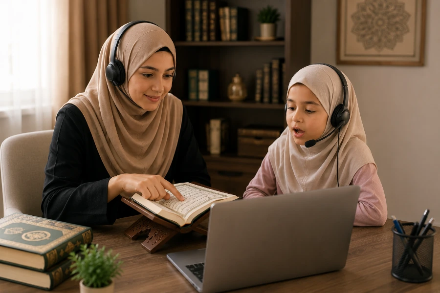 Student learning Quran online with certified Arab teacher via Zoom