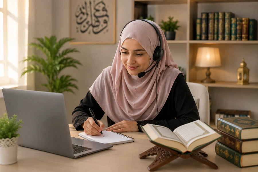 Muslim woman studying Quran online with female certified teacher via video call