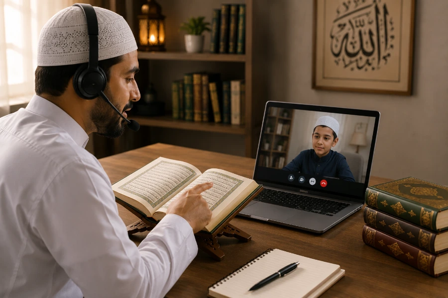Certified Arab Quran teacher conducting online Quran reading lesson via Zoom