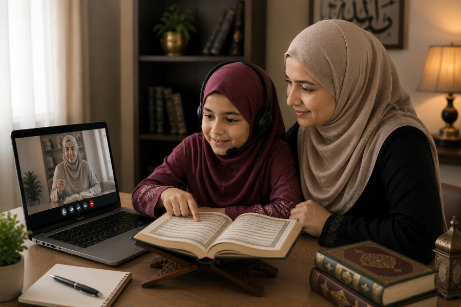 Mother and daughter learning Quran online with a female Quran teacher at home