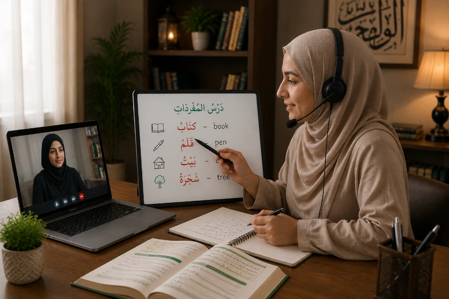 Female Arabic teacher teaching vocabulary online via video call