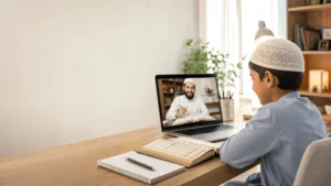 Boy learning Quran online with laptop